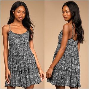LULU’S Sitting In The Sun Black Floral Print Ruffled Babydoll Mini Dress